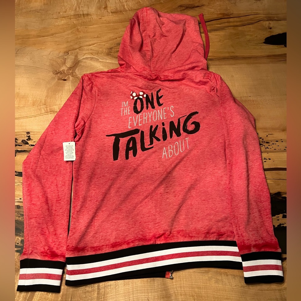 Disney Parks MINNIE MOUSE Hoodie Size Large Flirty "Everyone Talking About"